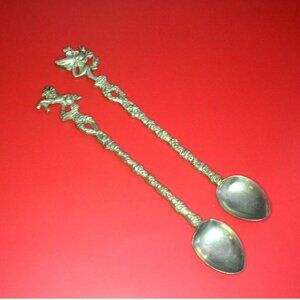 Pair Of Vintage Long Handle Decorative Spoons Made In Italy Figures On Top